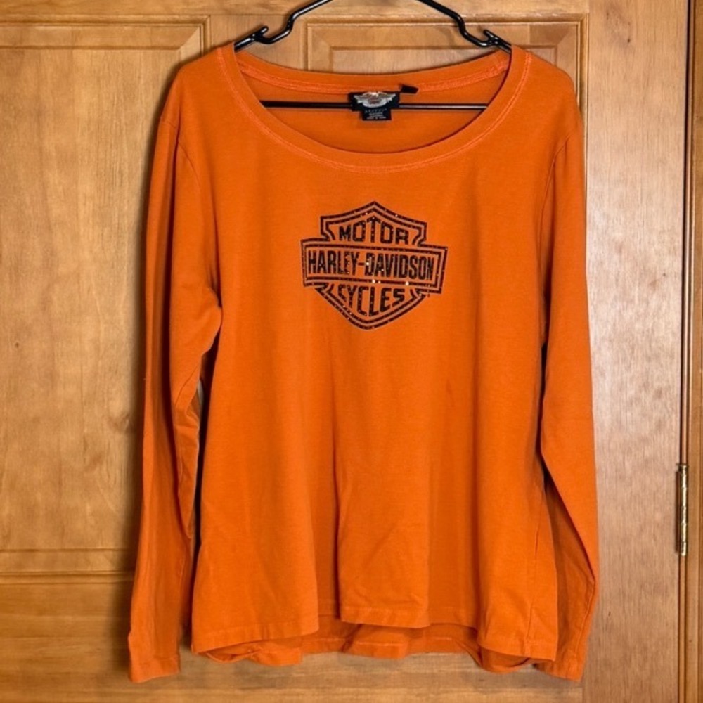 Harley-Davidson Womens Orange Rhinestone Logo Long Sleeve Top Size 1W